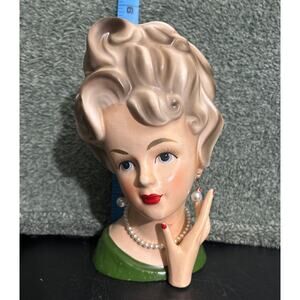 ARDCO Lady Head Vase, Blonde Lady With Green Dress & Pearl